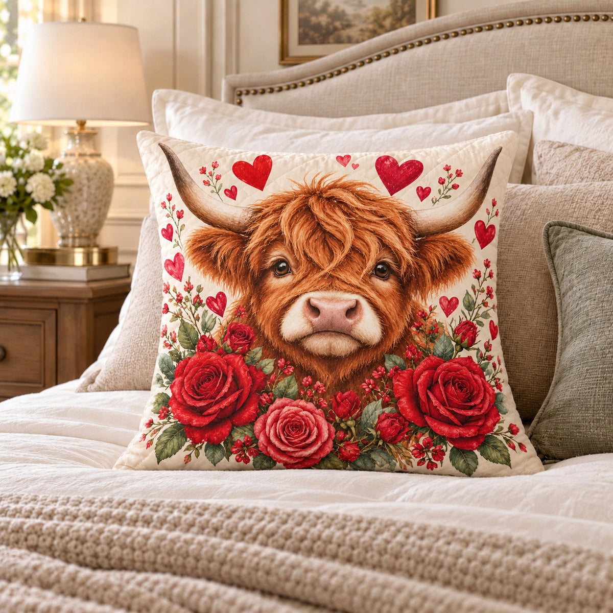 Highland Cow Roses quilted throw pillow, AI-generated bedroom mockup