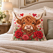 Highland Cow Roses quilted throw pillow, AI-generated bedroom mockup