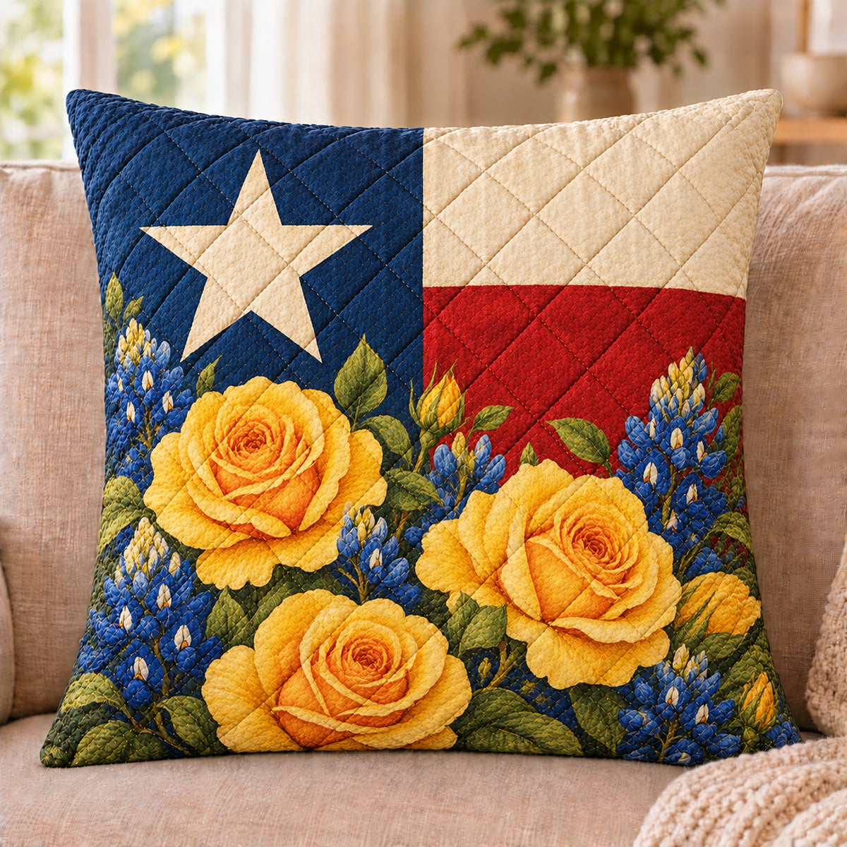 Texas Flag Yellow Rose quilted throw pillow, AI-generated sofa mockup