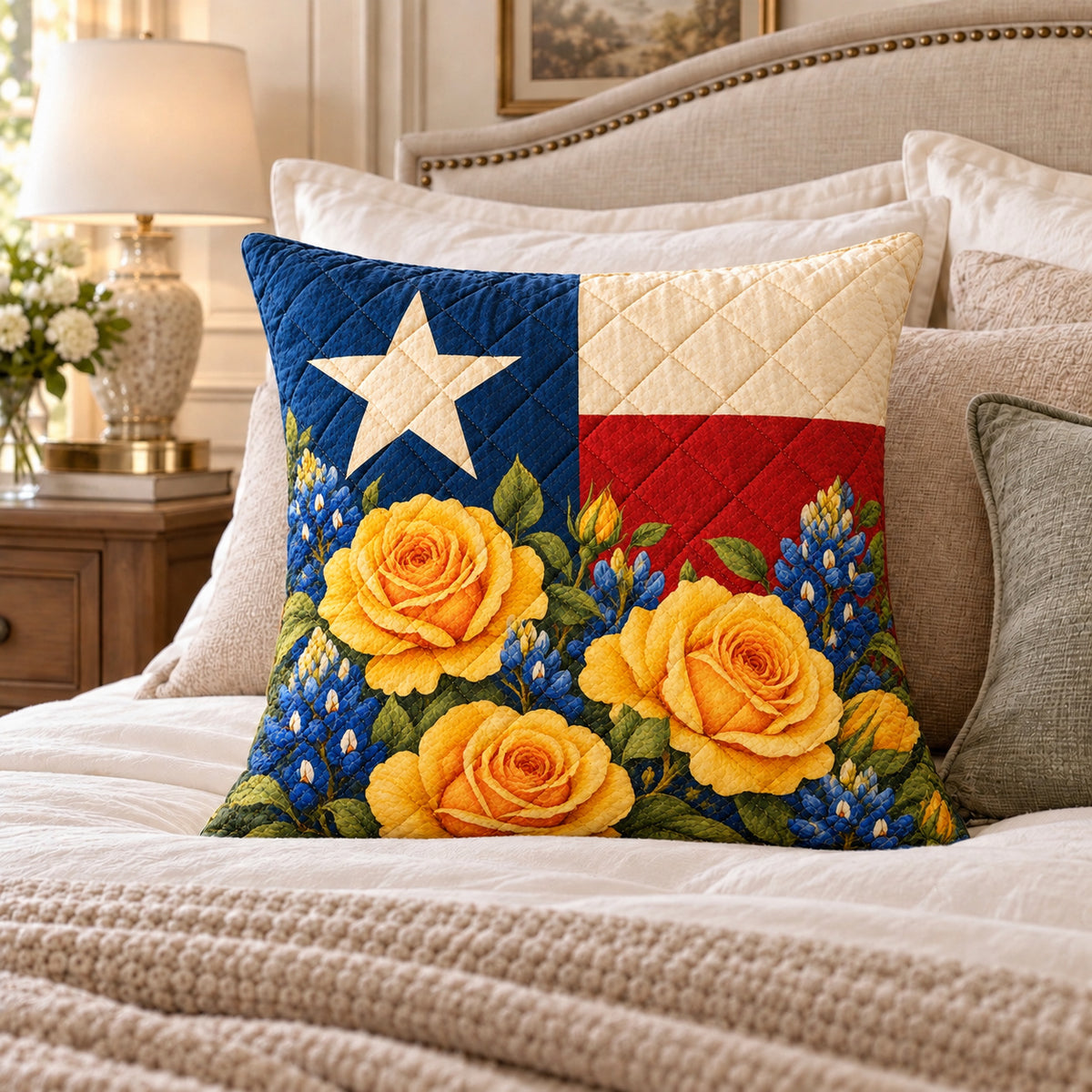 Texas Flag Yellow Rose quilted throw pillow, AI-generated bedroom mockup