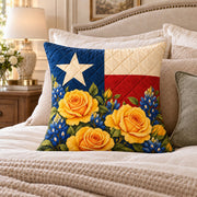 Texas Flag Yellow Rose quilted throw pillow, AI-generated bedroom mockup