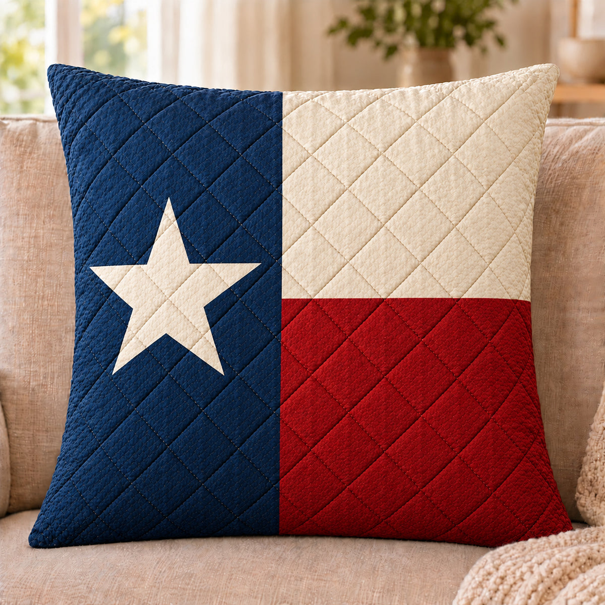 Texas Flag quilted throw pillow, AI-generated sofa mockup