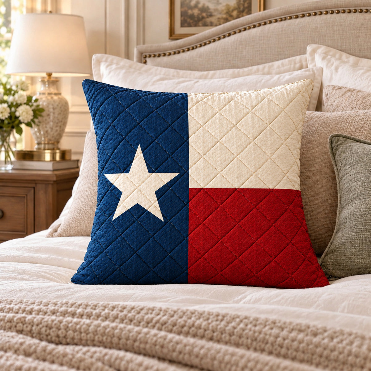 Texas Flag quilted throw pillow, AI-generated bedroom mockup
