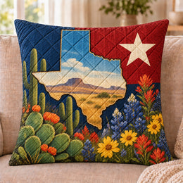 Texas Map Quilted Throw Pillow, Wildflower and Cactus Home Decor, Gift for Texans