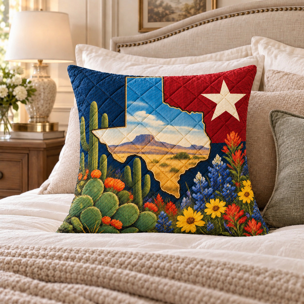 Texas Map quilted throw pillow, AI-generated bedroom mockup