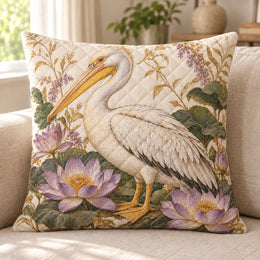 Pelican Floral Quilted Throw Pillow, Coastal Bird Home Decor, Gift for Bird Lovers
