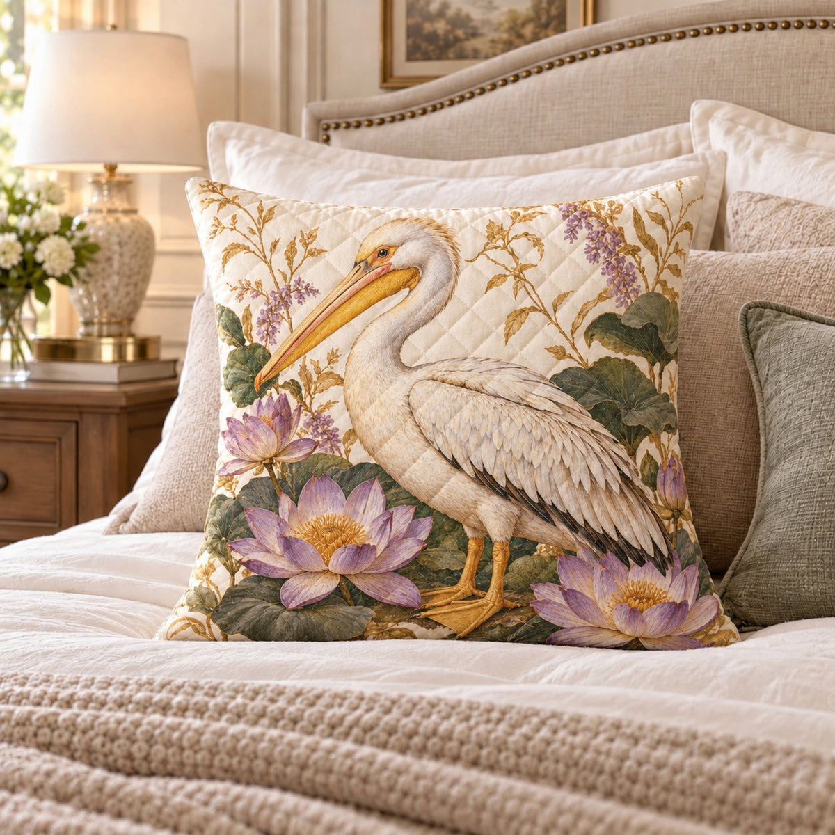 Pelican Floral quilted throw pillow, AI-generated bedroom mockup