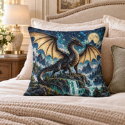 Moonlit Dragon quilted throw pillow, AI-generated bedroom mockup