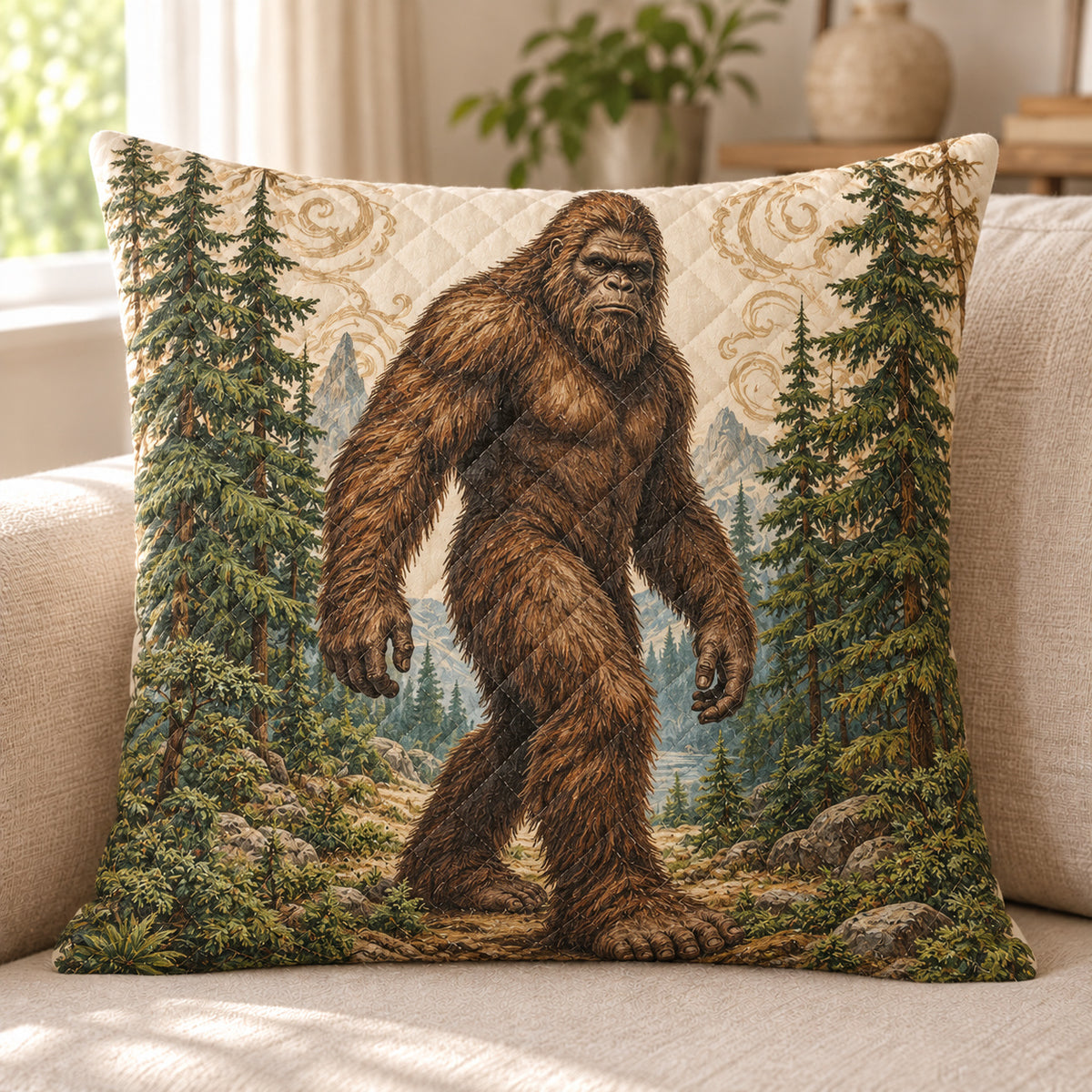 Bigfoot quilted throw pillow, AI-generated sofa mockup