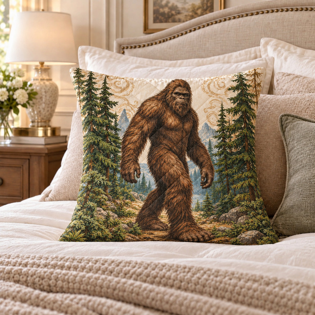 Bigfoot quilted throw pillow, AI-generated bedroom mockup