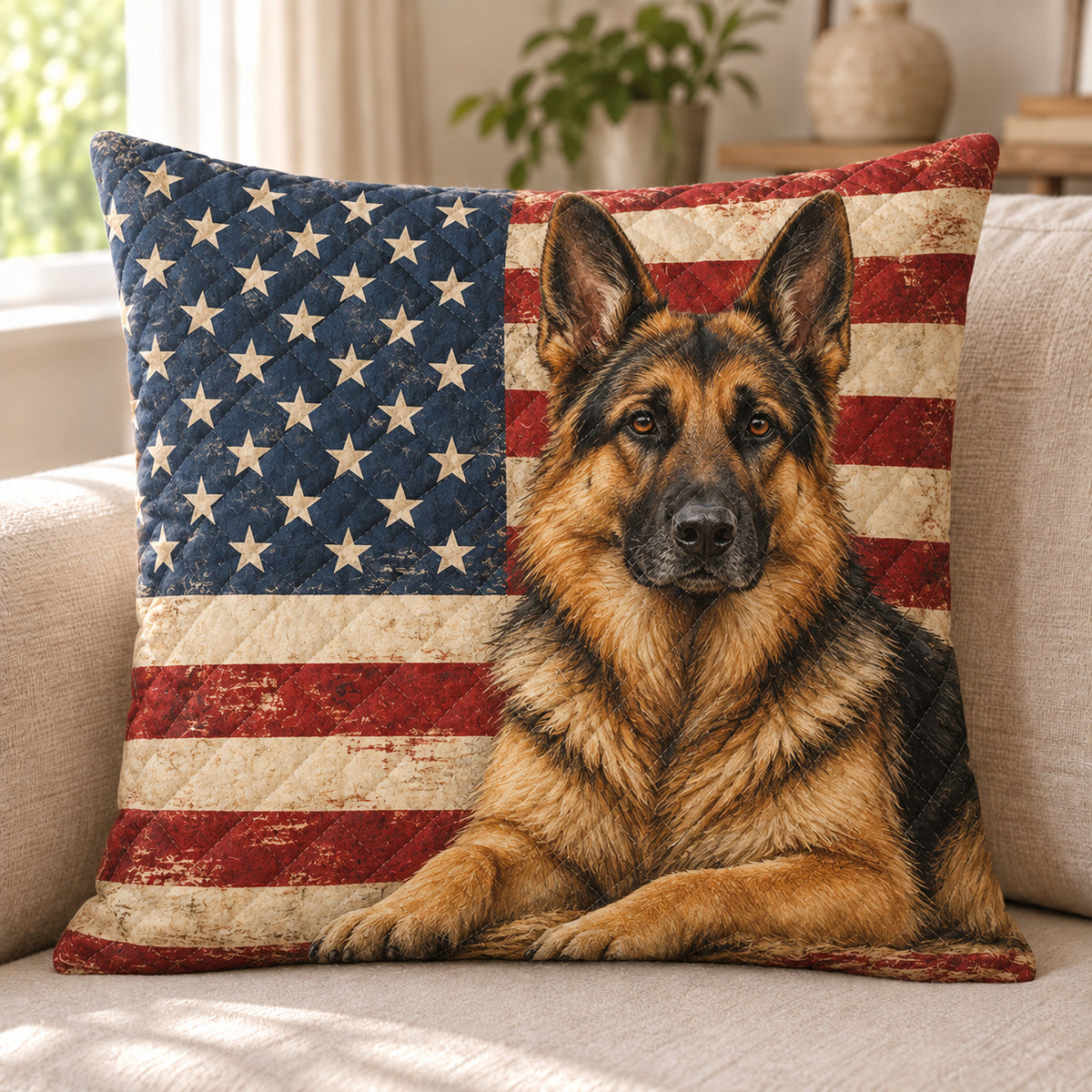 German Shepherd Flag quilted throw pillow, AI-generated sofa mockup