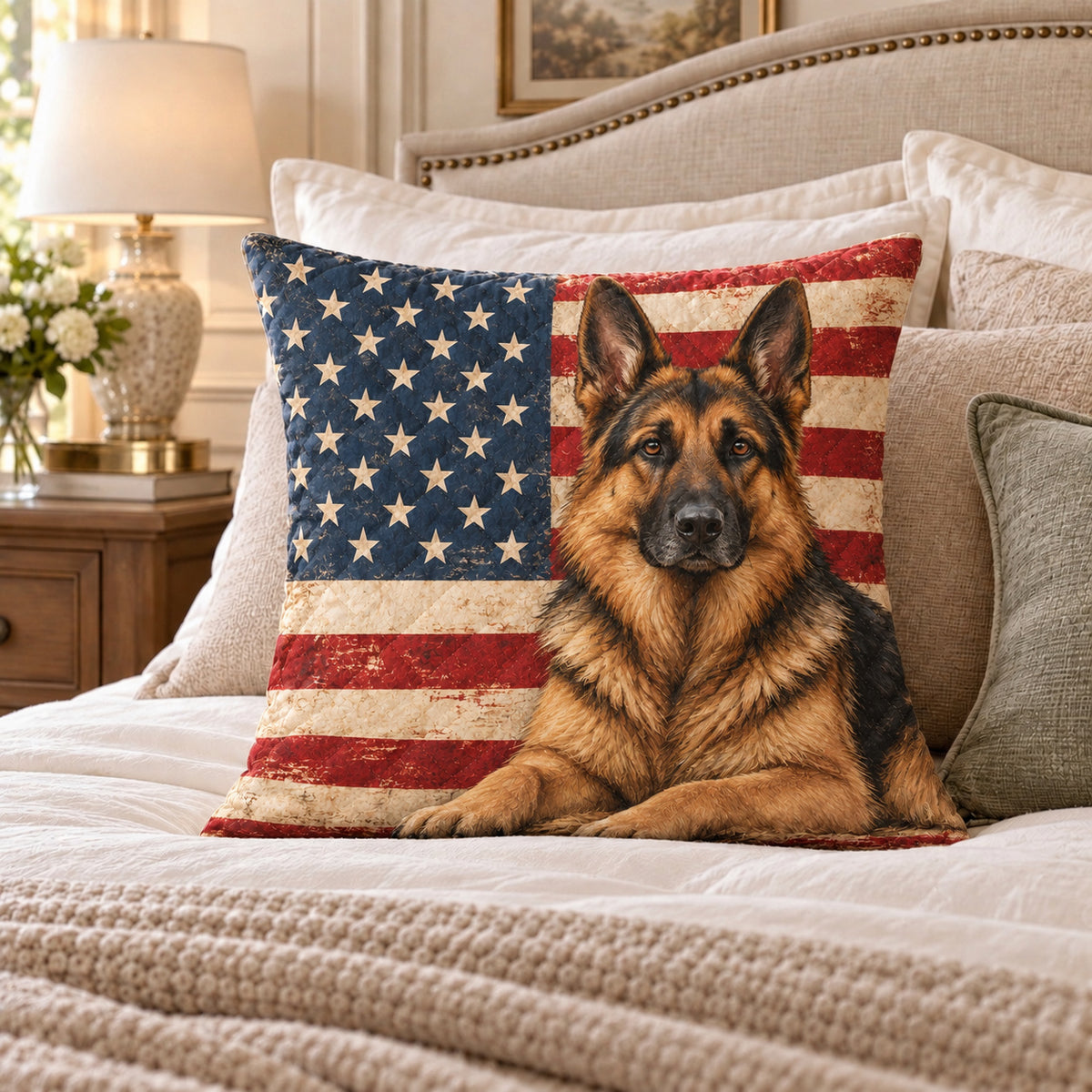 German Shepherd Flag quilted throw pillow, AI-generated bedroom mockup