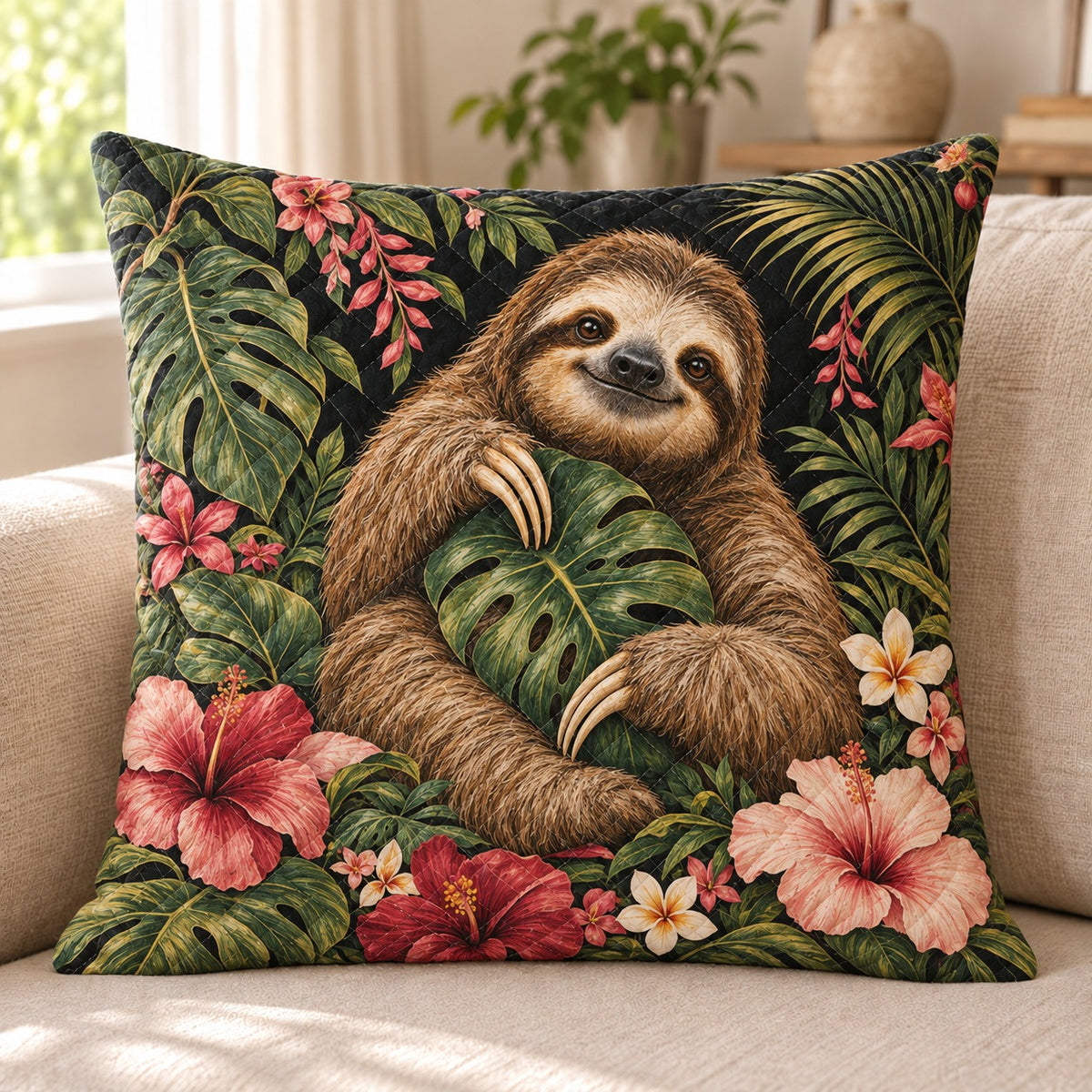 Tropical Sloth quilted throw pillow, AI-generated sofa mockup