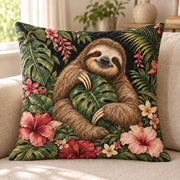 Tropical Sloth quilted throw pillow, AI-generated sofa mockup