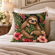 Tropical Sloth quilted throw pillow, AI-generated bedroom mockup
