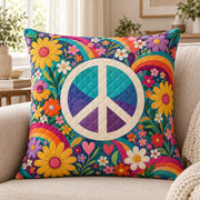 Peace Sign quilted throw pillow, AI-generated sofa mockup