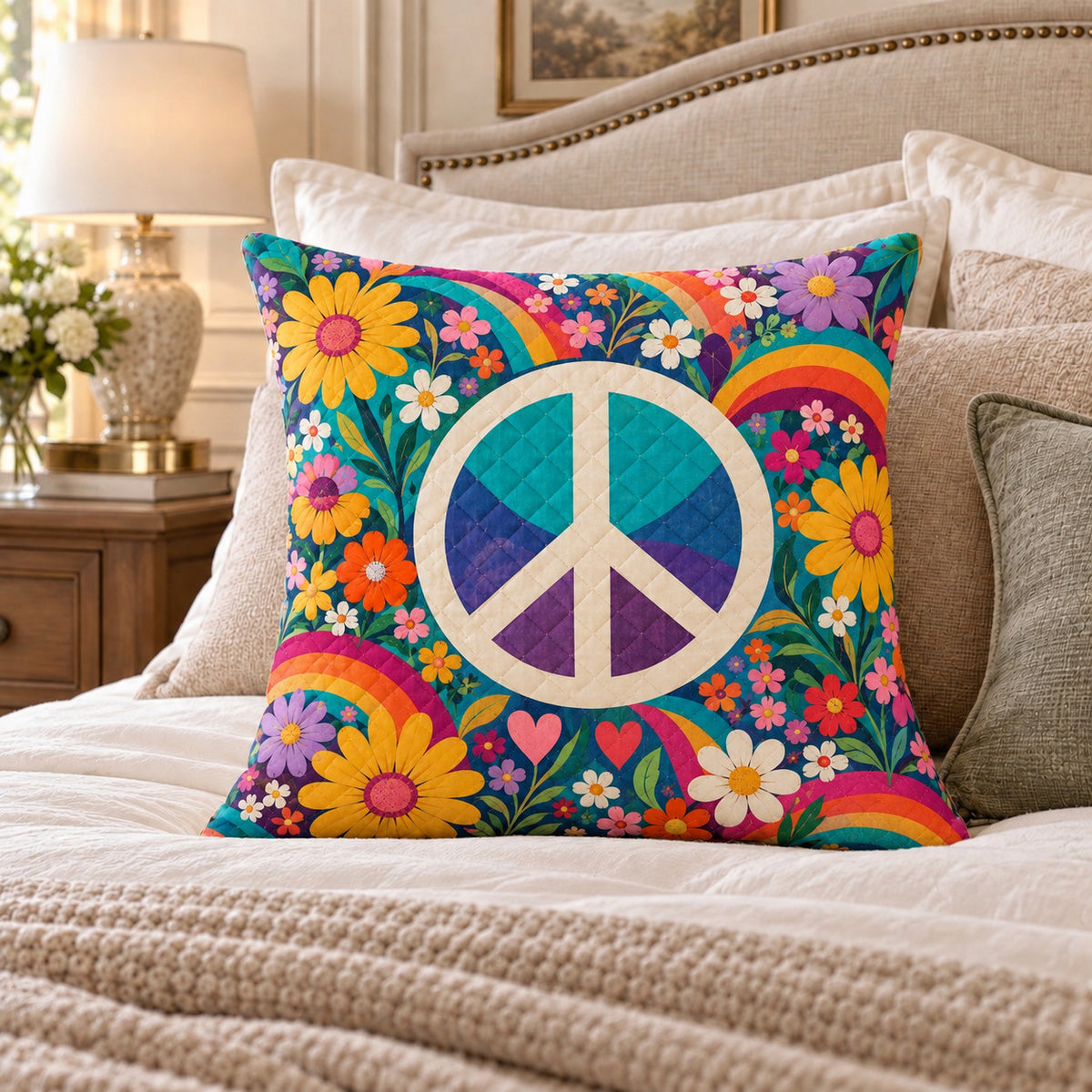 Peace Sign quilted throw pillow, AI-generated bedroom mockup