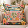 Flower Power Camper Van Quilted Throw Pillow, Boho Home Decor, Gift for Travelers