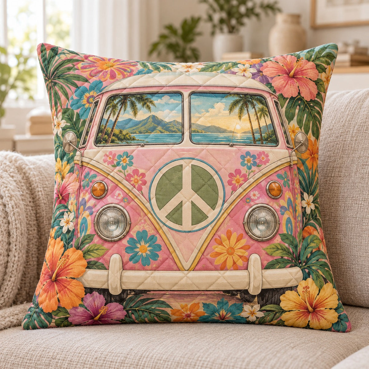 Flower Power Camper Van quilted throw pillow, AI-generated sofa mockup