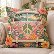 Flower Power Camper Van quilted throw pillow, AI-generated sofa mockup
