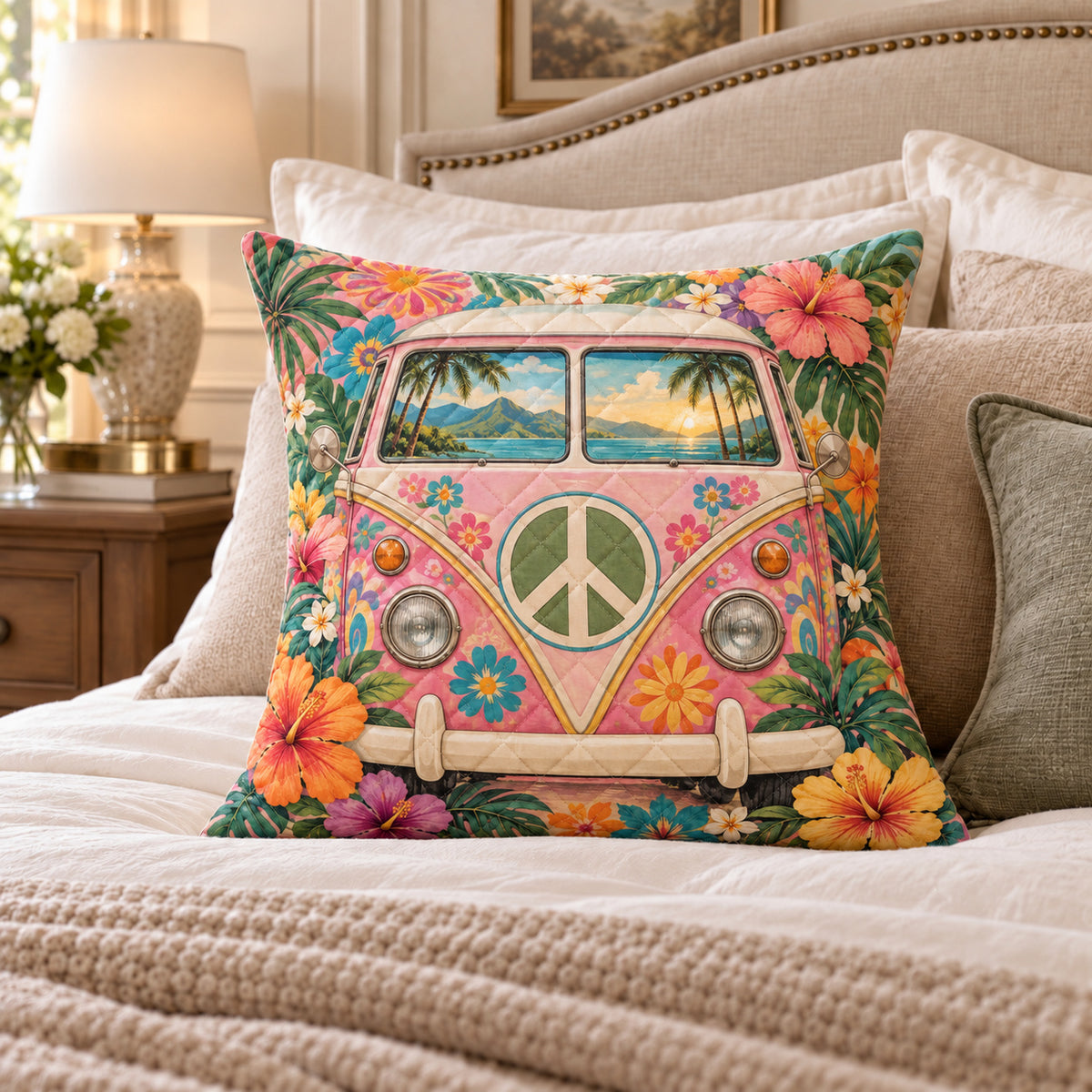Flower Power Camper Van quilted throw pillow, AI-generated bedroom mockup