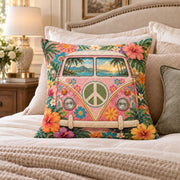 Flower Power Camper Van quilted throw pillow, AI-generated bedroom mockup