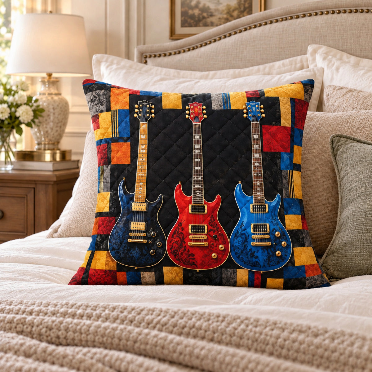Electric Guitar quilted throw pillow, AI-generated bedroom mockup