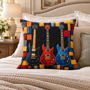Electric Guitar quilted throw pillow, AI-generated bedroom mockup