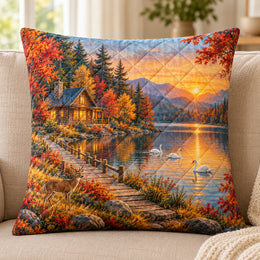 Autumn Lake Cabin Quilted Throw Pillow, Rustic Home Decor, Gift for Nature Lovers