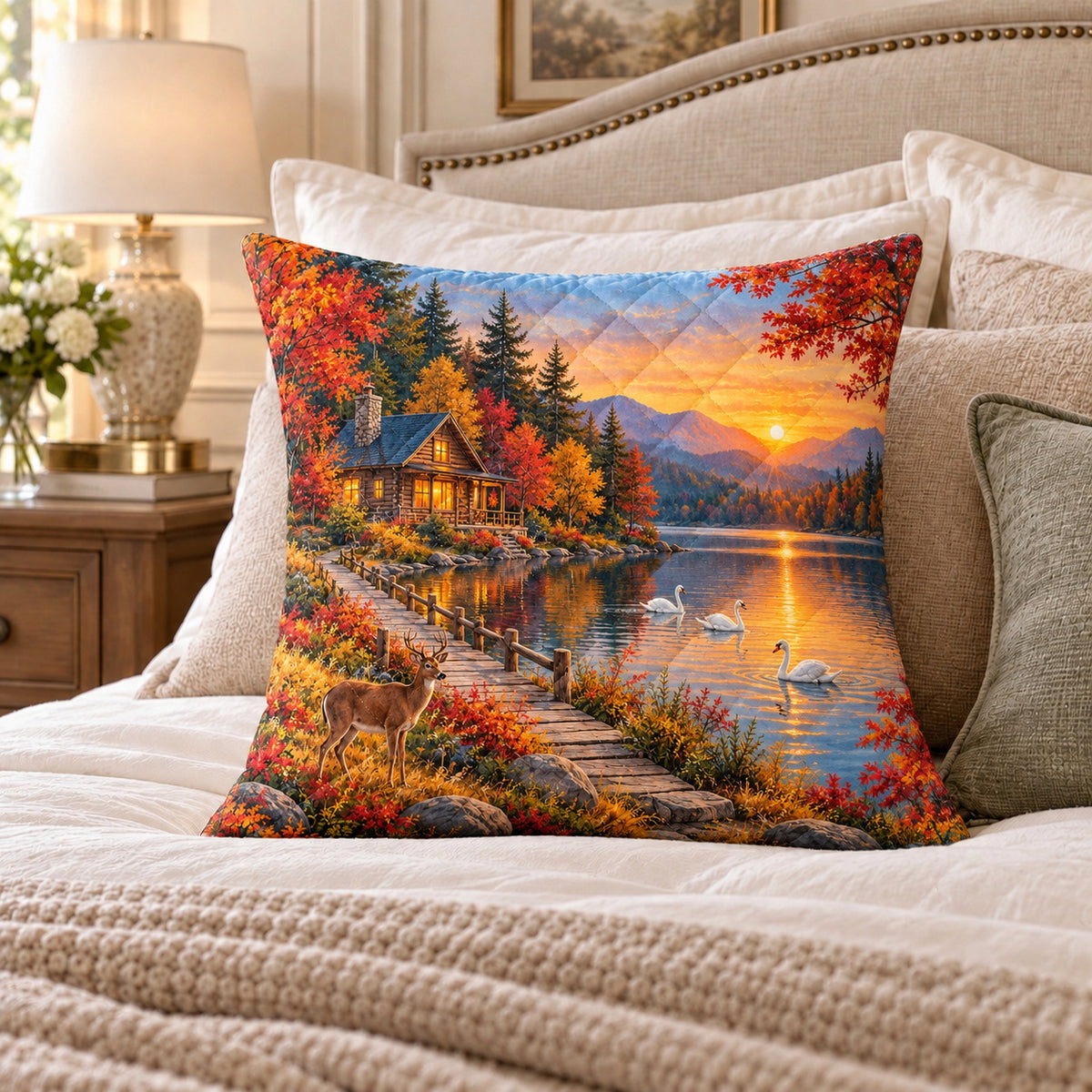 Autumn Lake Cabin quilted throw pillow, AI-generated bedroom mockup