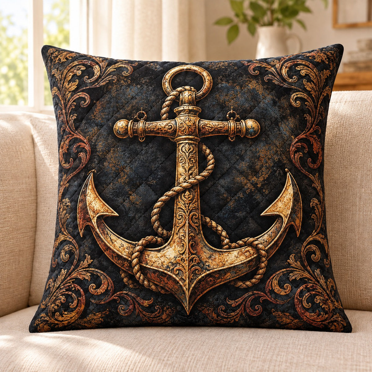 Golden Anchor quilted throw pillow, AI-generated sofa mockup