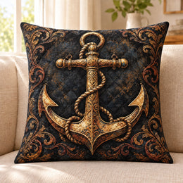 Golden Anchor Quilted Throw Pillow, Nautical Coastal Home Decor, Gift for Sailors