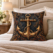 Golden Anchor quilted throw pillow, AI-generated bedroom mockup