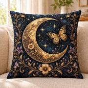 Crescent Moon Butterfly quilted throw pillow, AI-generated sofa mockup