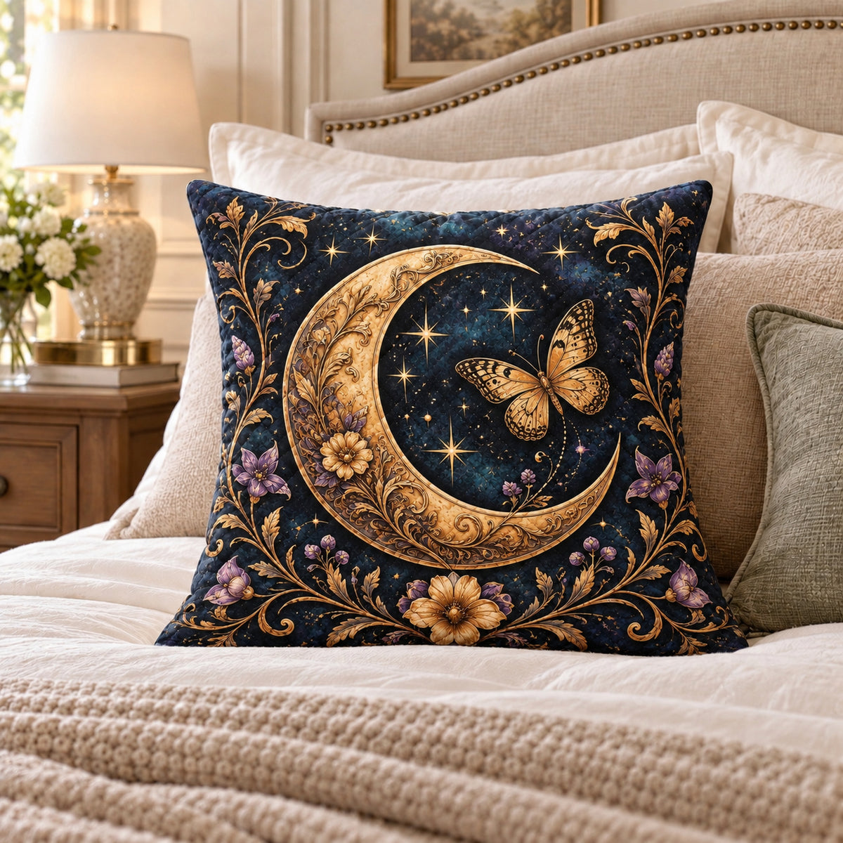 Crescent Moon Butterfly quilted throw pillow, AI-generated bedroom mockup