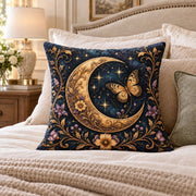 Crescent Moon Butterfly quilted throw pillow, AI-generated bedroom mockup