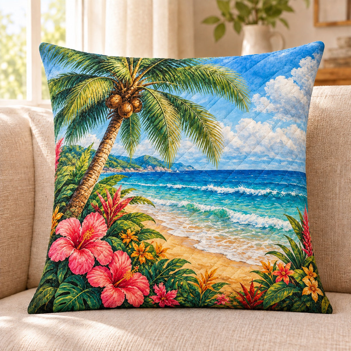 Tropical Beach quilted throw pillow, AI-generated sofa mockup