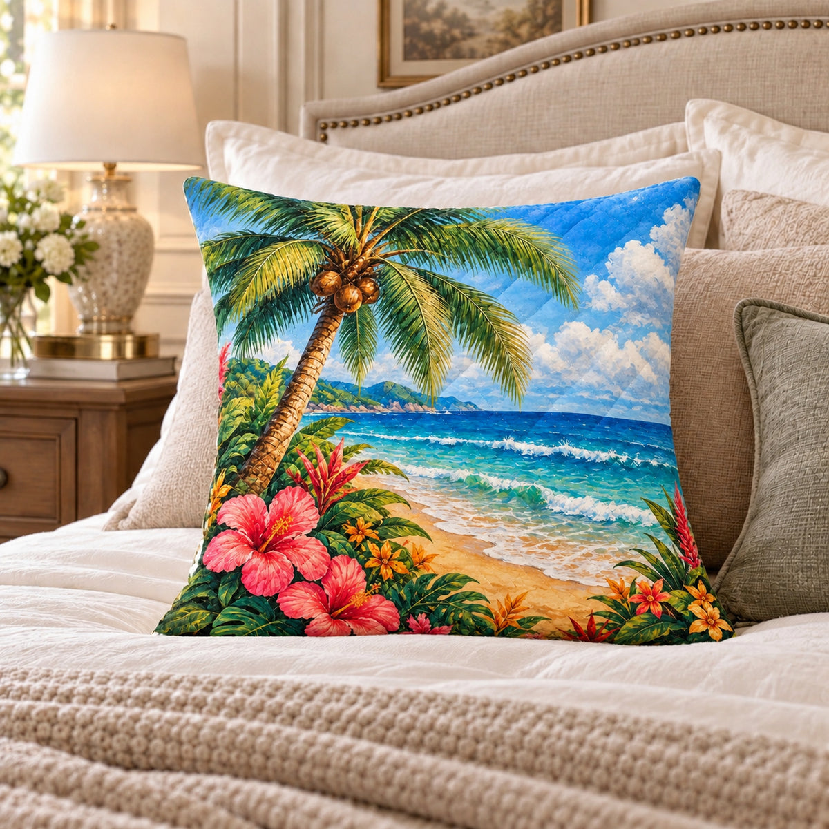 Tropical Beach quilted throw pillow, AI-generated bedroom mockup
