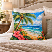 Tropical Beach quilted throw pillow, AI-generated bedroom mockup