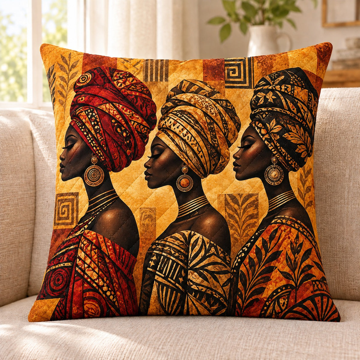 African Women quilted throw pillow, AI-generated sofa mockup