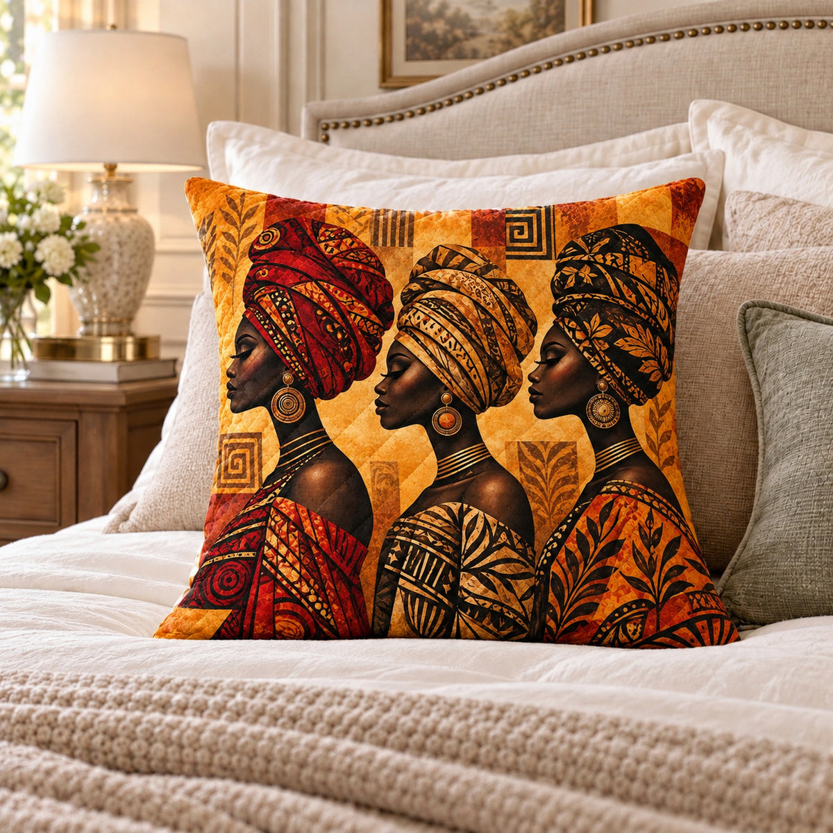 African Women quilted throw pillow, AI-generated bedroom mockup