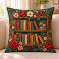 Floral Bookshelf Quilted Throw Pillow, Cozy Library Home Decor, Gift for Book Lovers