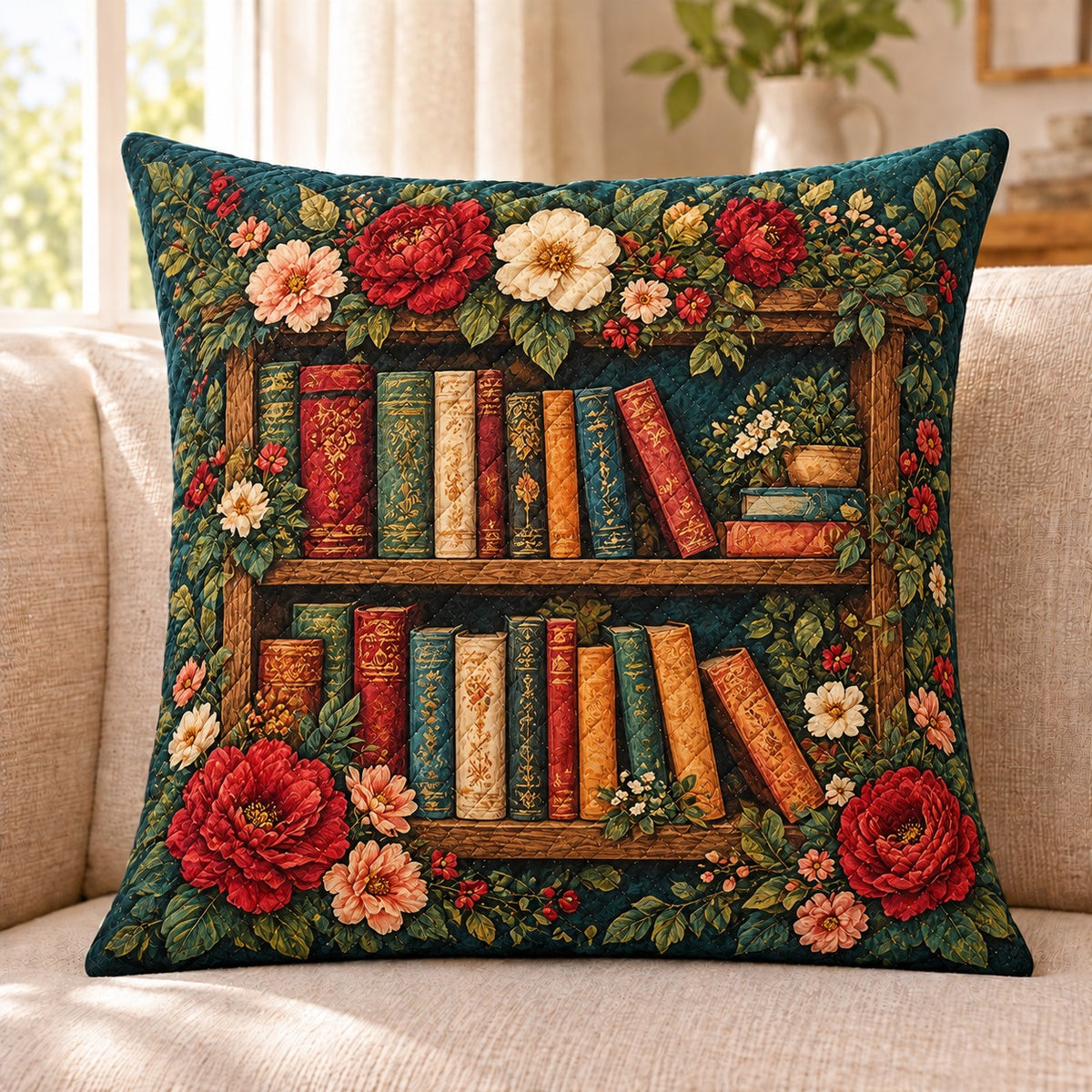 Floral Bookshelf quilted throw pillow, AI-generated sofa mockup