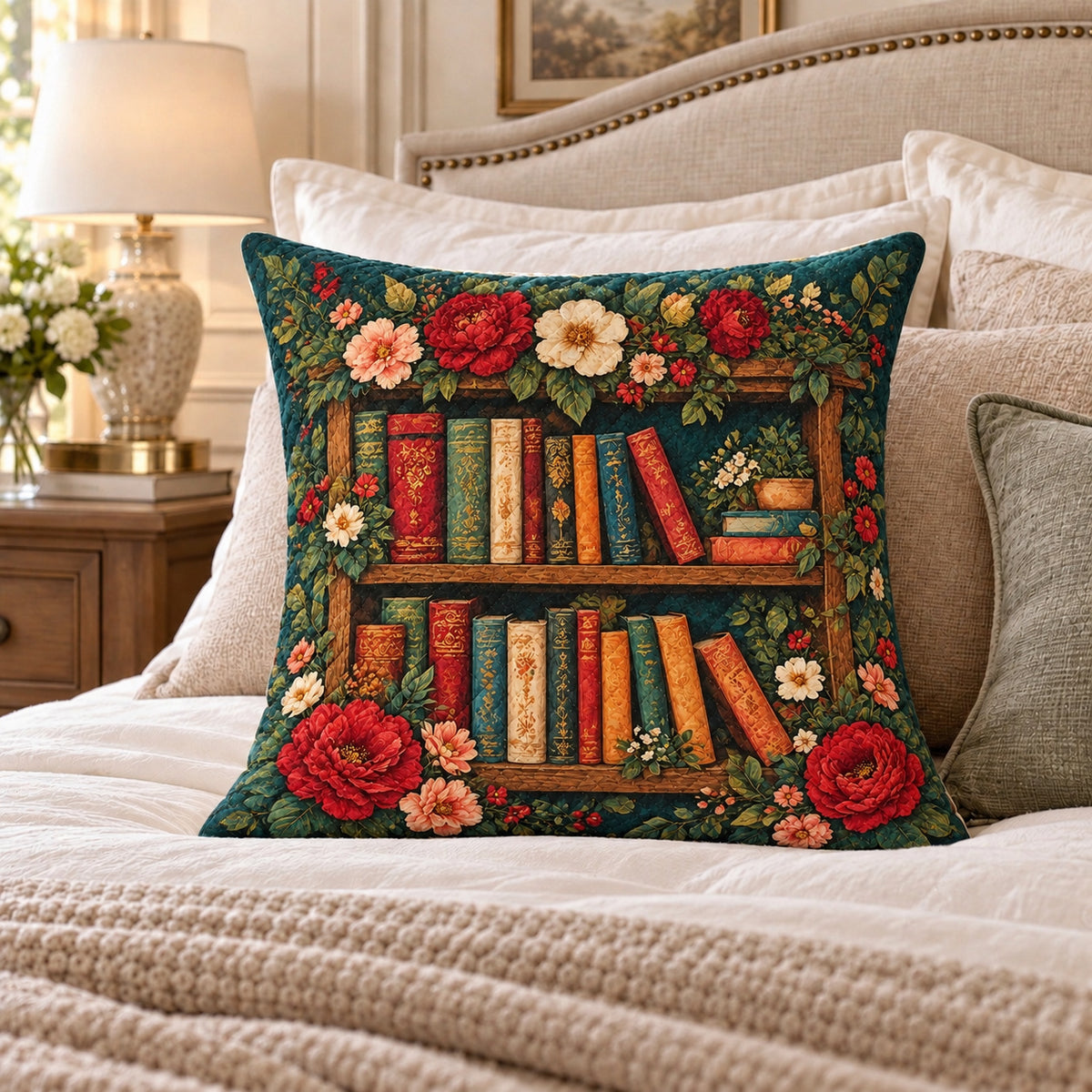 Floral Bookshelf quilted throw pillow, AI-generated bedroom mockup
