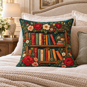 Floral Bookshelf quilted throw pillow, AI-generated bedroom mockup