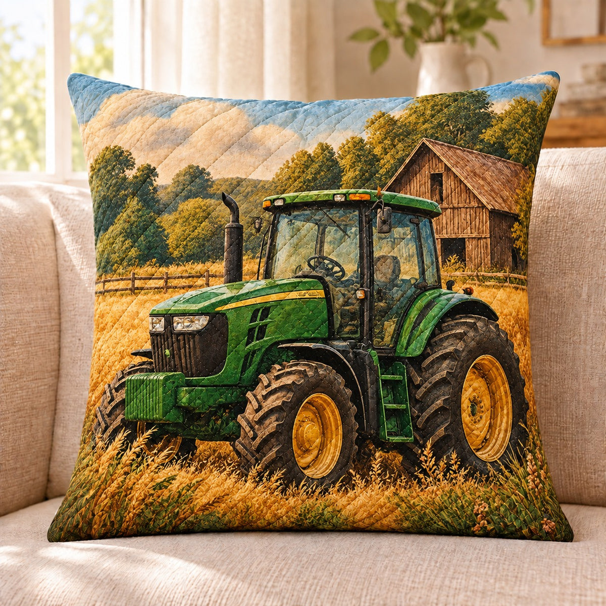 Green Farm Tractor quilted throw pillow, AI-generated sofa mockup