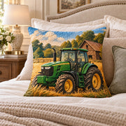 Green Farm Tractor quilted throw pillow, AI-generated bedroom mockup