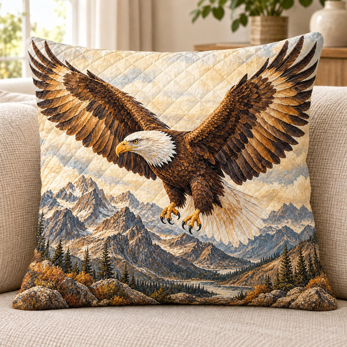 Bald Eagle quilted throw pillow, AI-generated sofa mockup
