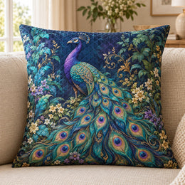 Blue Peacock Quilted Throw Pillow, Floral Bird Home Decor, Gift for Peacock Lovers