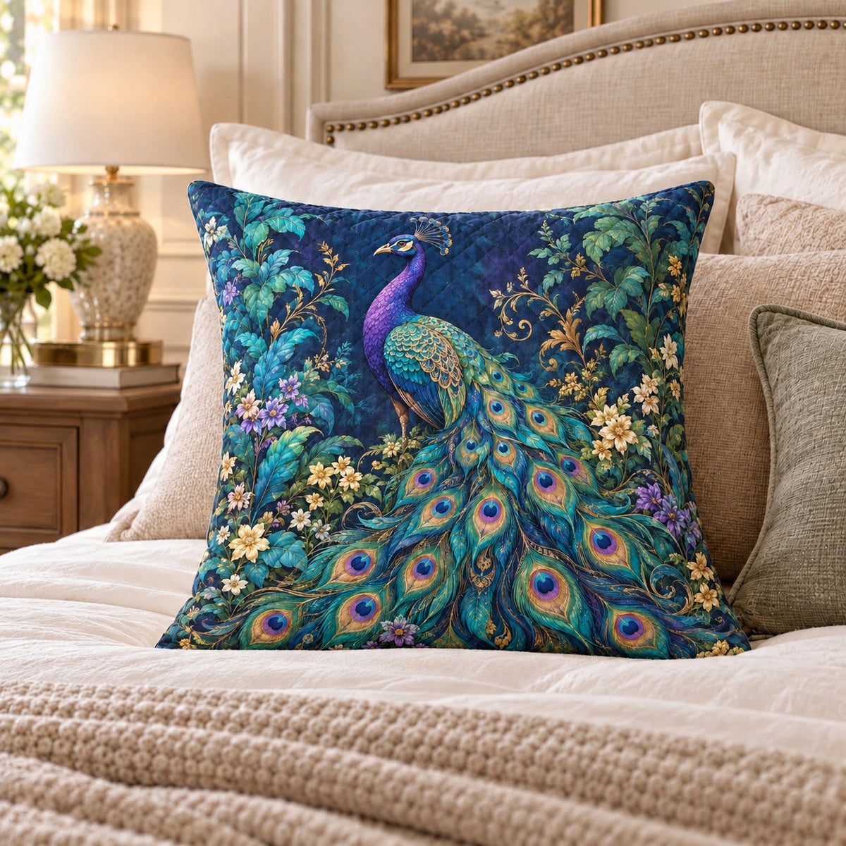 Blue Peacock quilted throw pillow, AI-generated bedroom mockup